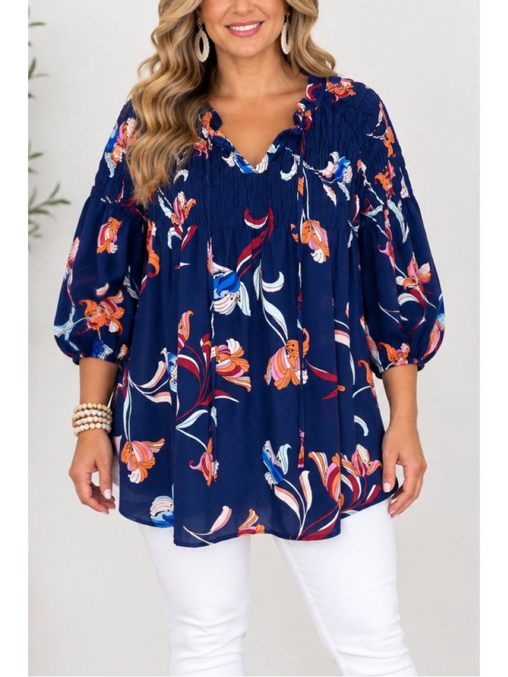 A.N.A. Blue Orange Floral Blouse- Size Large